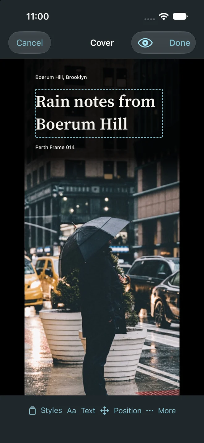 Editorial cover editor with a title directly over the photograph
