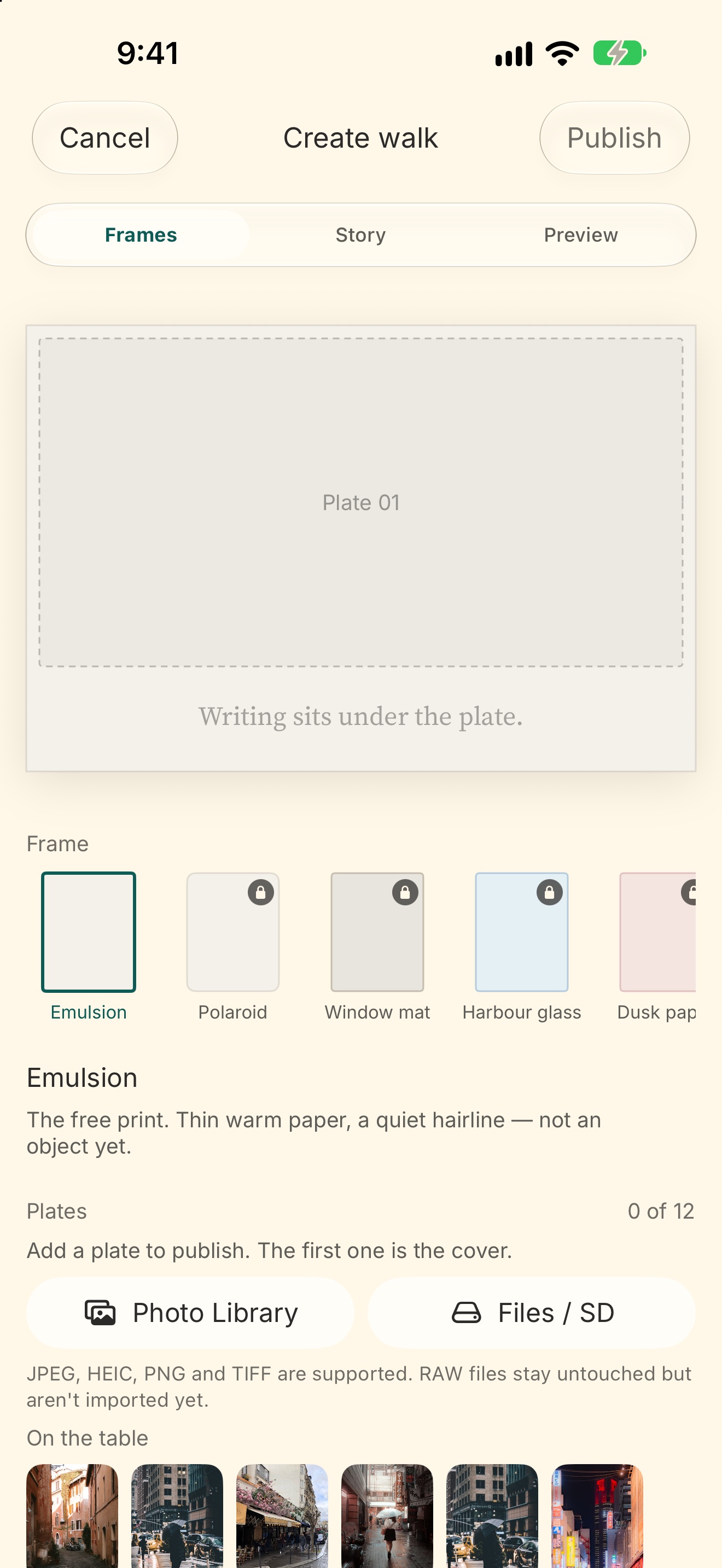 Create Walk screen offering Photo Library and Files or SD import