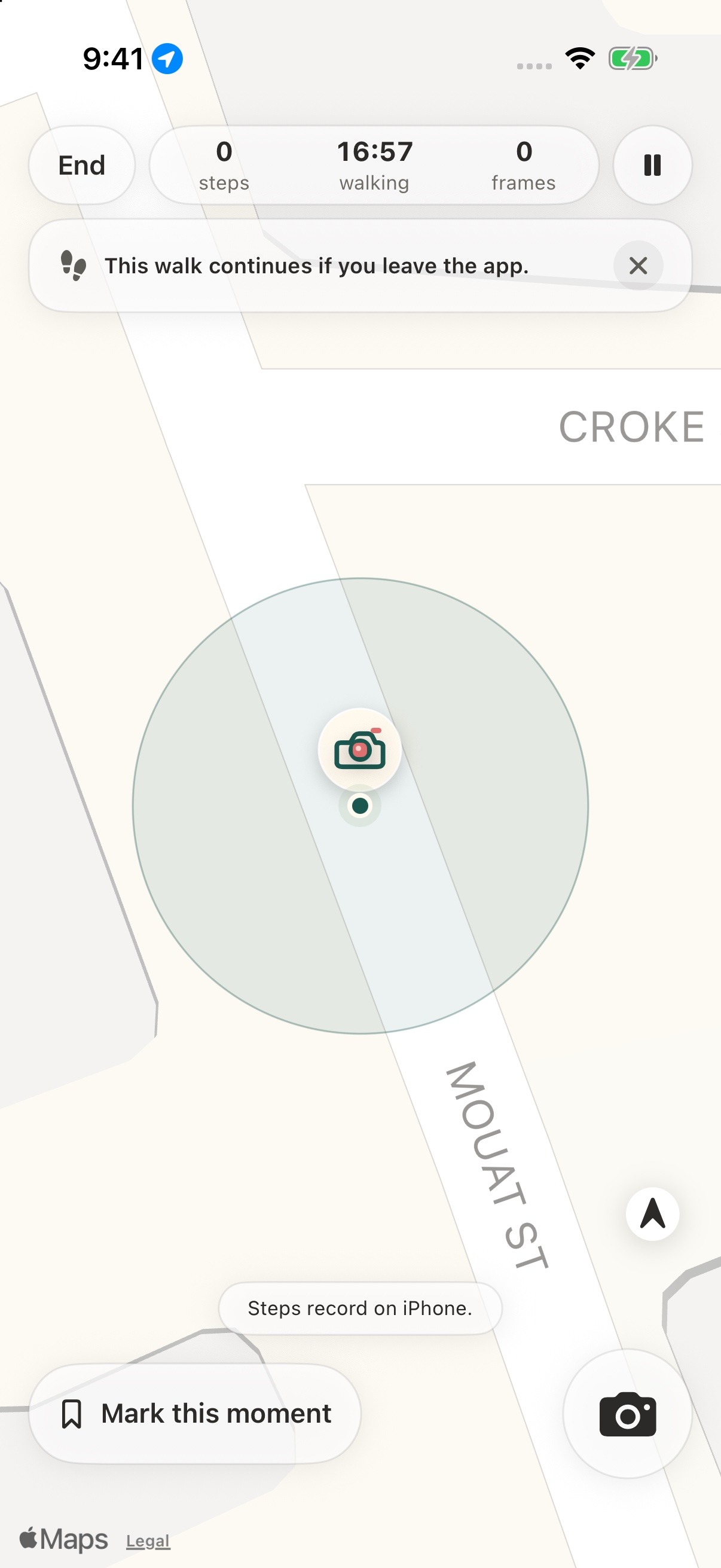 Live Walk map with route controls and capture button