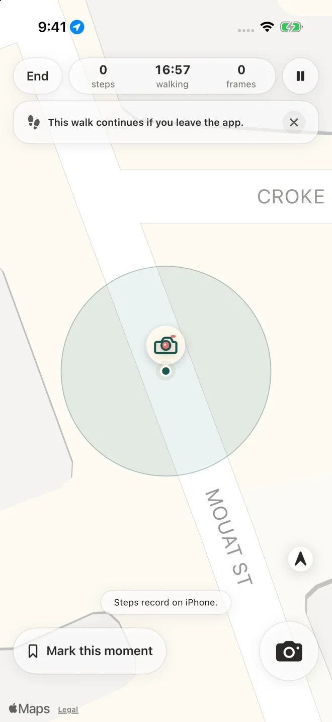Live Walk map with route controls and capture button