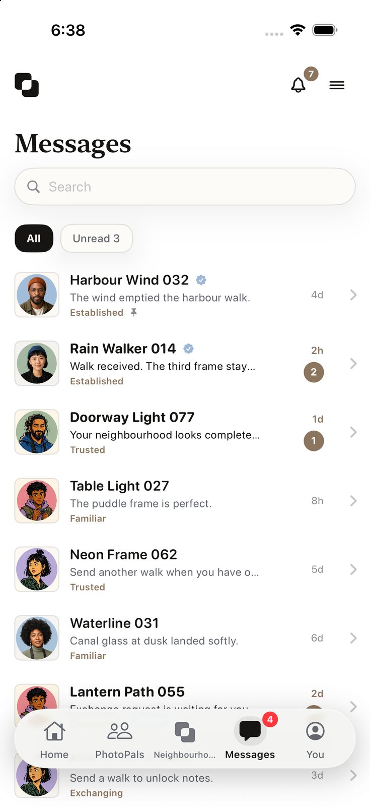Messages inbox with PhotoPal threads
