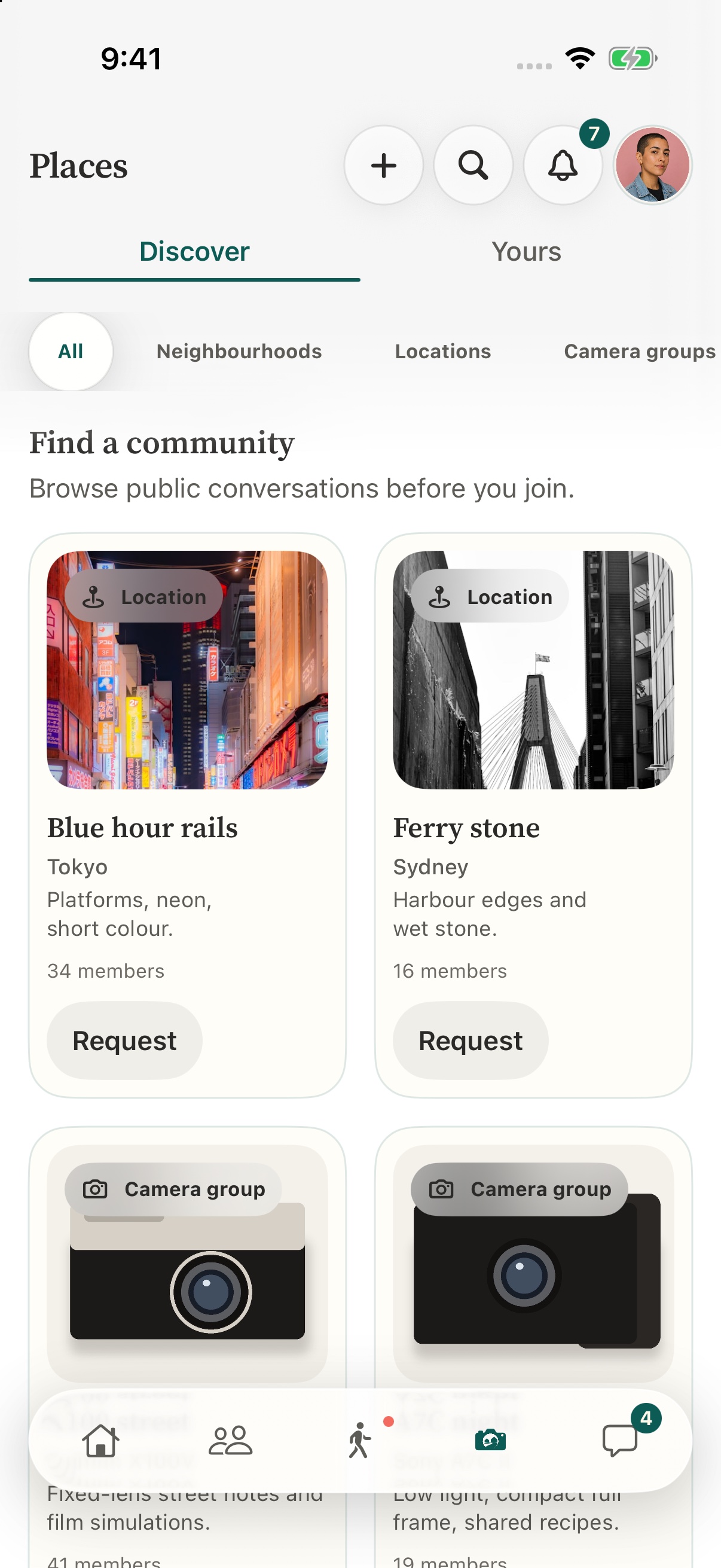 Places discovery screen with neighbourhood, location and camera groups