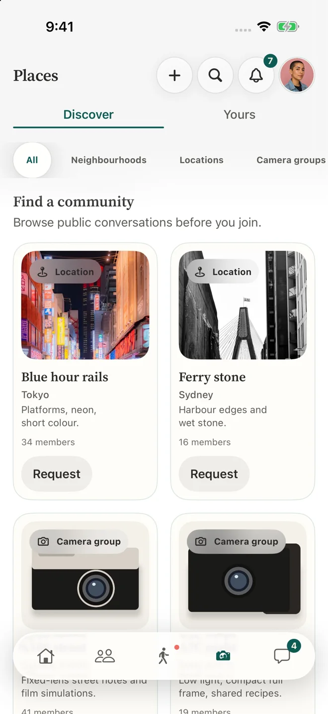 Places discovery screen with neighbourhood, location and camera groups