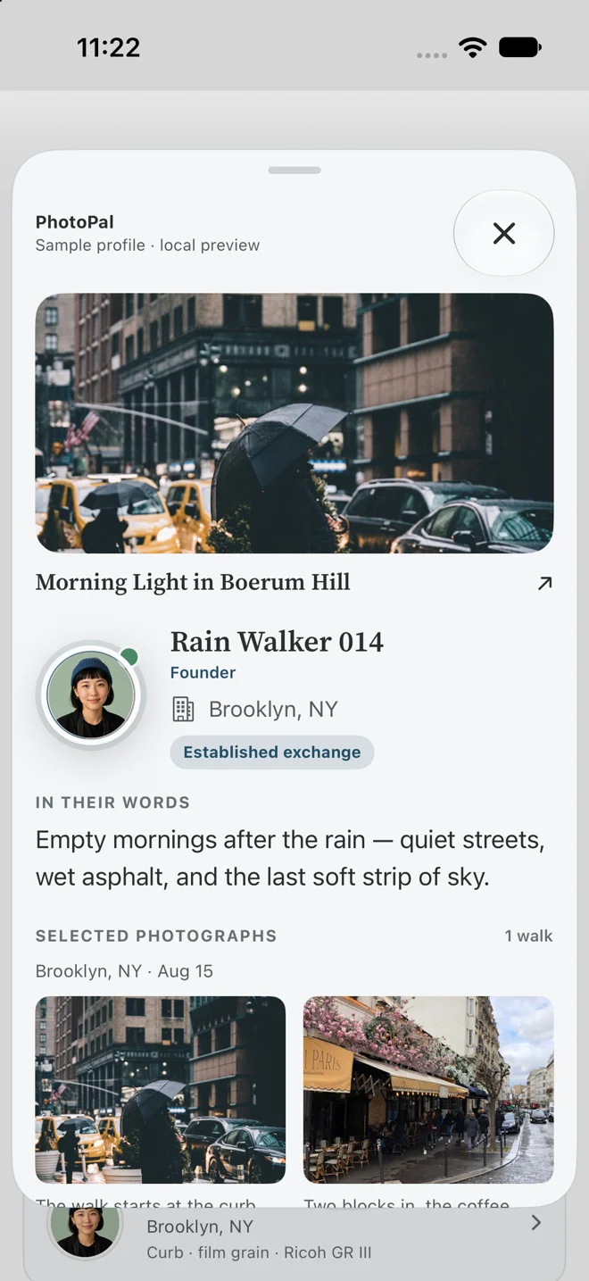 Current photographer profile with local sample content